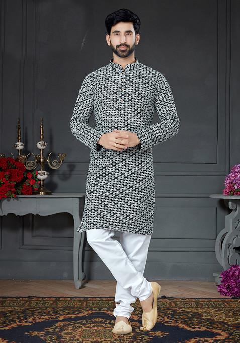 Black Embroidered Cotton Art Silk Kurta Set For Men