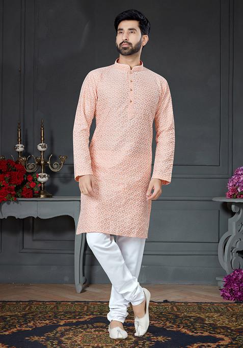 Peach Embroidered Cotton Art Silk Kurta Set For Men