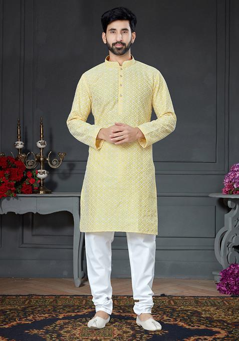 Yellow Embroidered Cotton Art Silk Kurta Set For Men