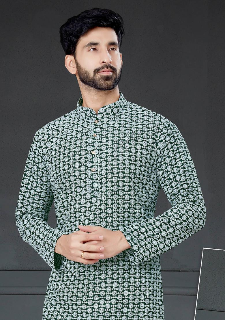 Bottle Green Embroidered Cotton Art Silk Kurta Set For Men
