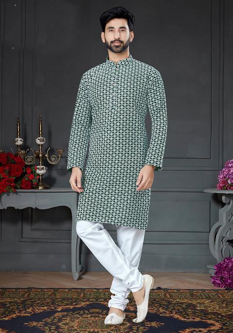 Bottle Green Embroidered Cotton Art Silk Kurta Set For Men