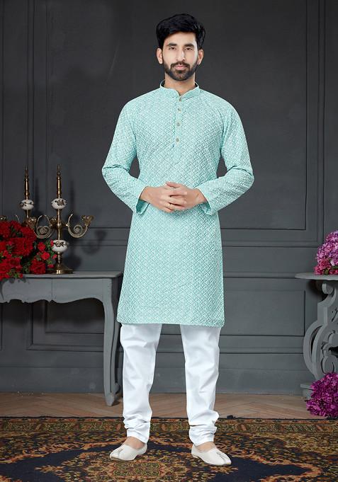 Sky Blue Embroidered Cotton Art Silk Kurta Set For Men