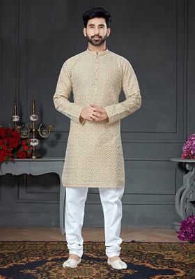 Golden Embroidered Cotton Art Silk Kurta Set For Men