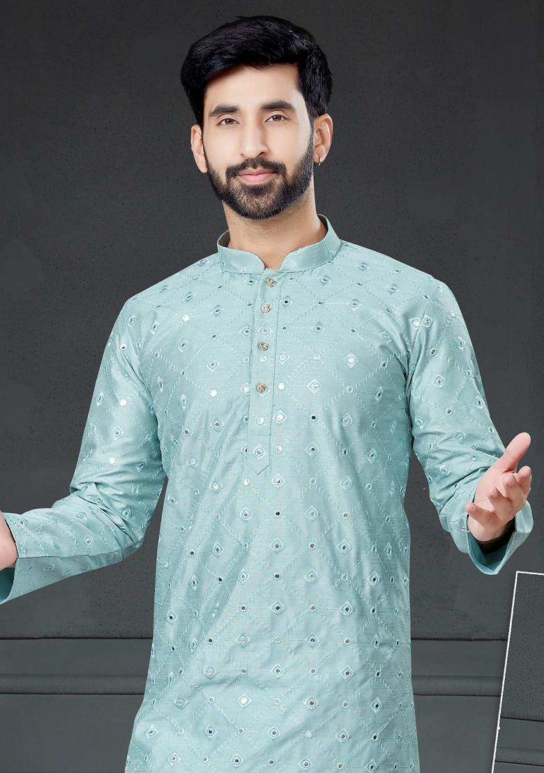 Sky Blue Embroidered Cotton Kurta Set For Men