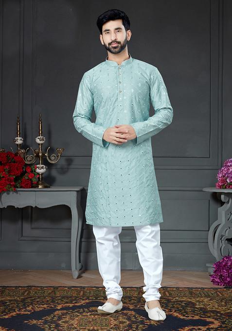 Sky Blue Embroidered Cotton Kurta Set For Men