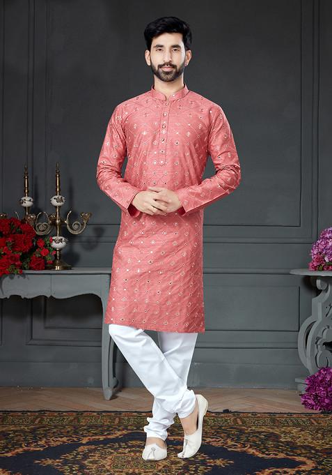 Rust Pink Embroidered Cotton Art Silk Kurta Set For Men