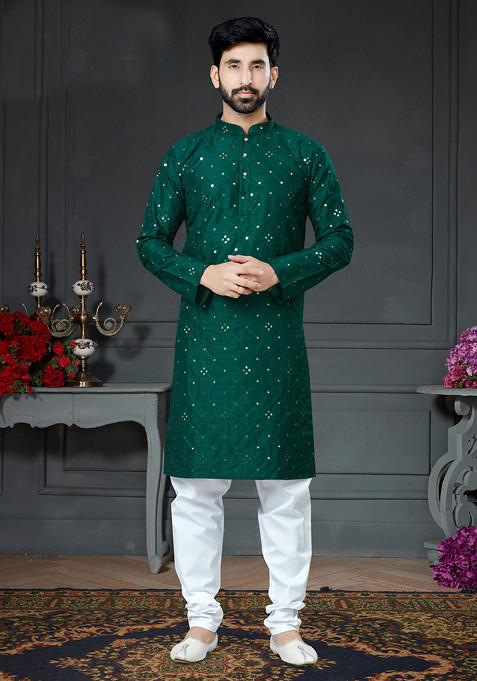 Bottle Green Embroidered Cotton Kurta Set For Men