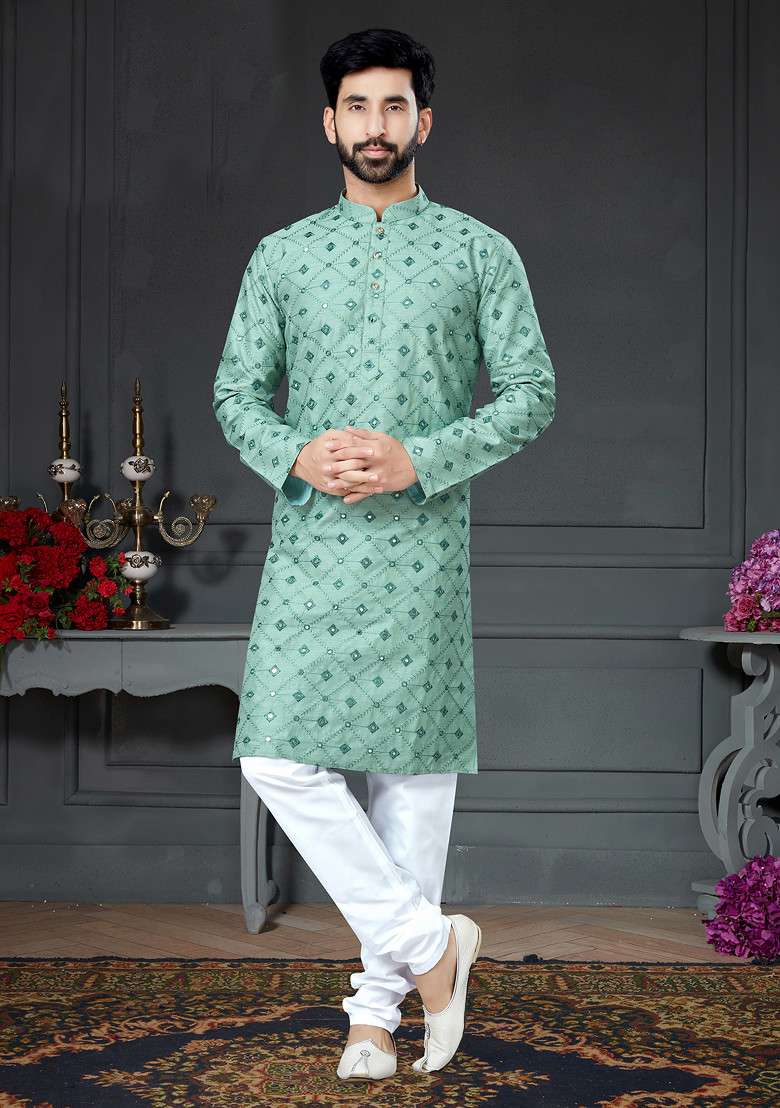 Pista Green Embroidered Cotton Art Silk Blend Kurta Set For Men - Indya