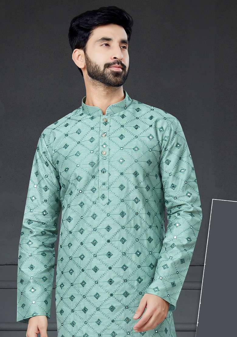 Pista Green Embroidered Cotton Art Silk Blend Kurta Set For Men - Indya