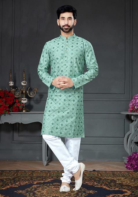 Pista Green Embroidered Cotton Art Silk Kurta Set For Men