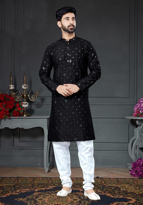 Black Embroidered Cotton Kurta Set For Men