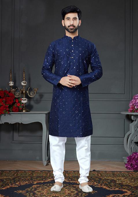 Blue Embroidered Cotton Art Silk Kurta Set For Men