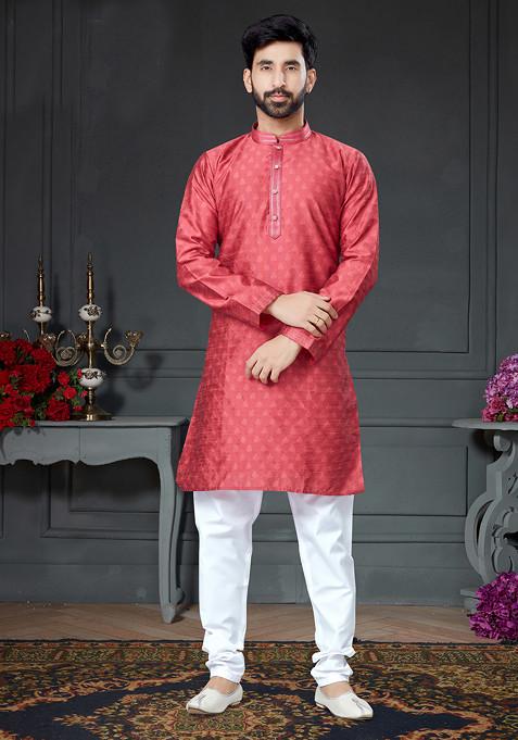 Dark Pink Embroidered Cotton Art Silk Kurta Set For Men