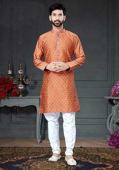 Rust Orange Embroidered Cotton Art Silk Kurta Set For Men