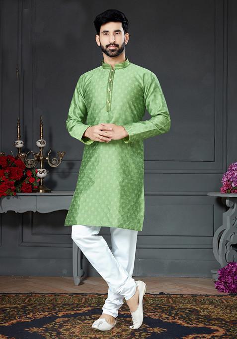 Light Pista Embroidered Cotton Art Silk Kurta Set For Men