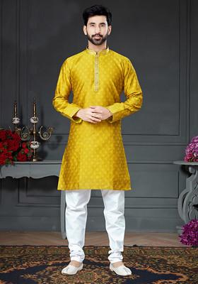 Bright Yellow Embroidered Cotton Art Silk Kurta Set For Men