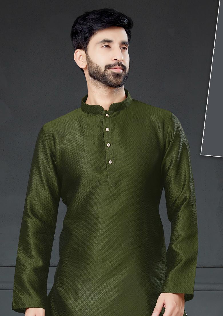 Mehendi Green Embroidered Silk Kurta Set For Men