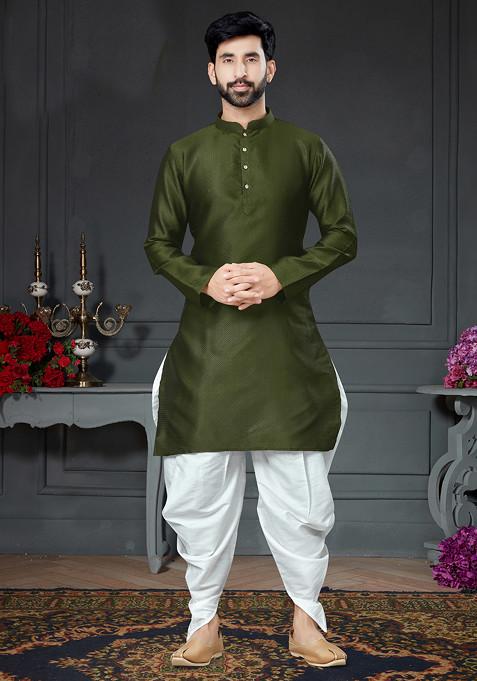 Mehendi Green Embroidered Silk Kurta Set For Men