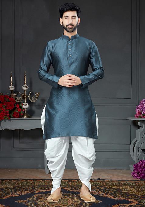 Grey Embroidered Silk Kurta Set For Men