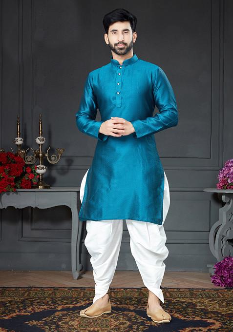 Rama Blue Embroidered Silk Kurta Set For Men