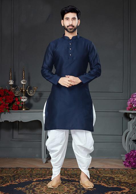 Navy Blue Embroidered Silk Kurta Set For Men