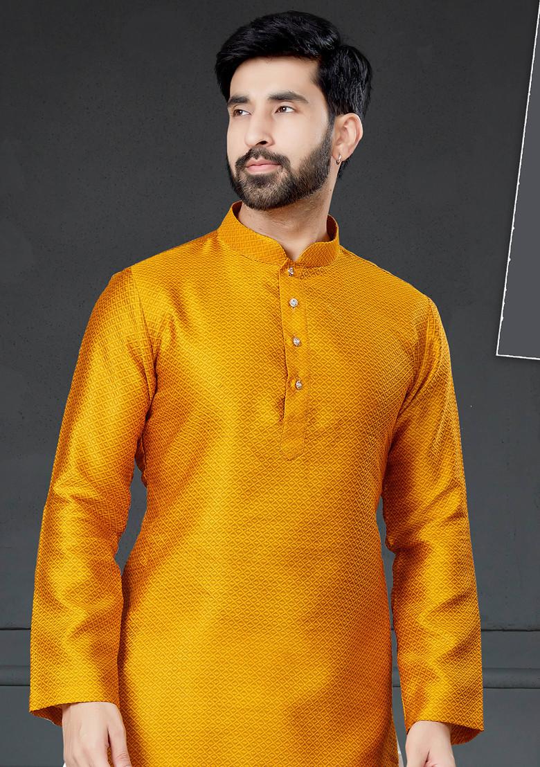 Dark Yellow Embroidered Silk Kurta Set For Men