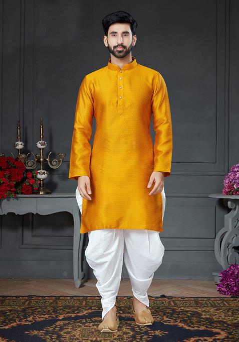 Dark Yellow Embroidered Silk Kurta Set For Men