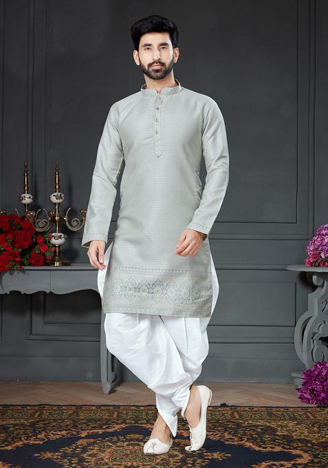 Grey Embroidered Kurta Set For Men