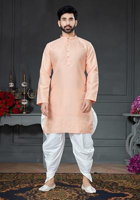Peach Embroidered Silk Kurta Set For Men