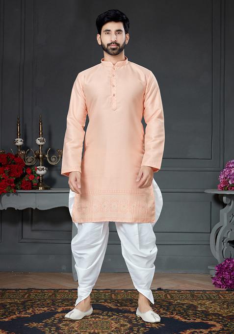 Peach Embroidered Silk Kurta Set For Men