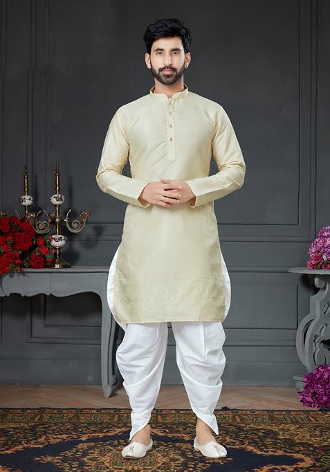 Cream Embroidered Silk Kurta Set For Men