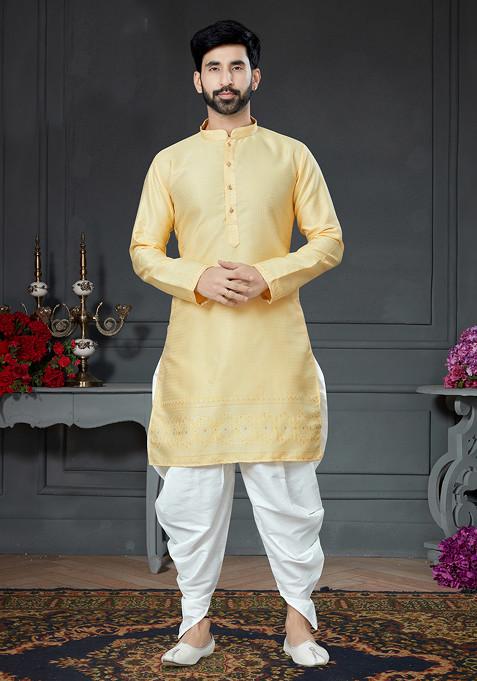 Yellow Embroidered Silk Kurta Set For Men