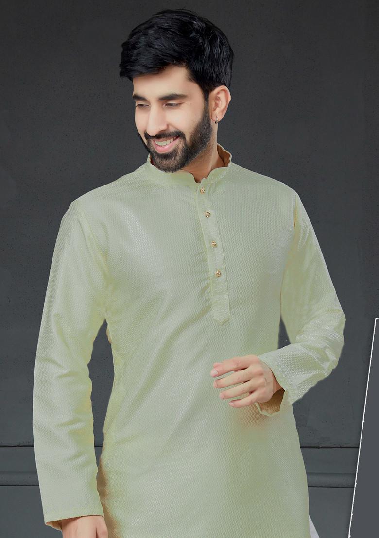 Pista Green Embroidered Silk Kurta Set For Men