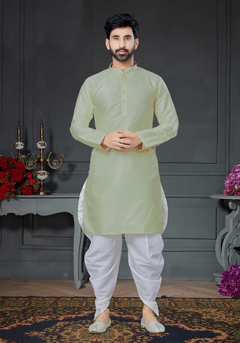 Pista Green Embroidered Silk Kurta Set For Men