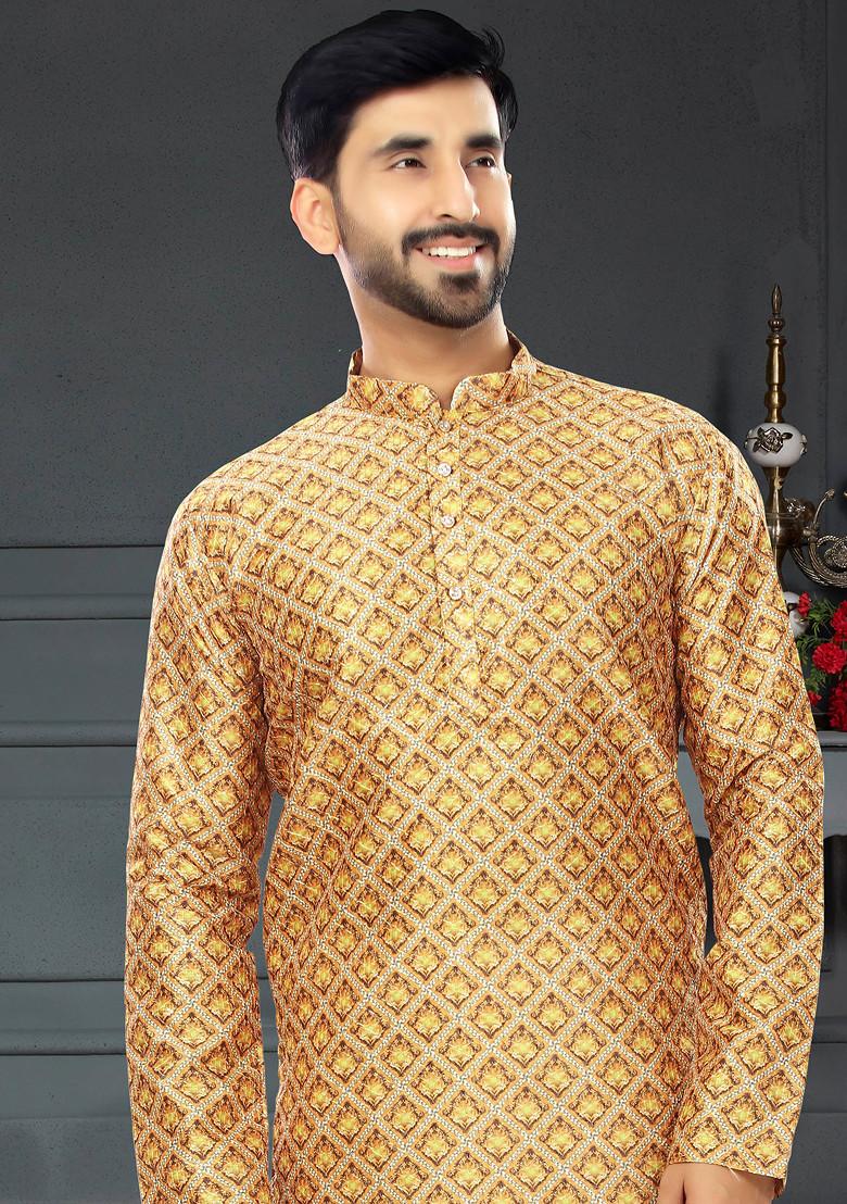Gold Chiku Printed Silk Kurta Set For Men