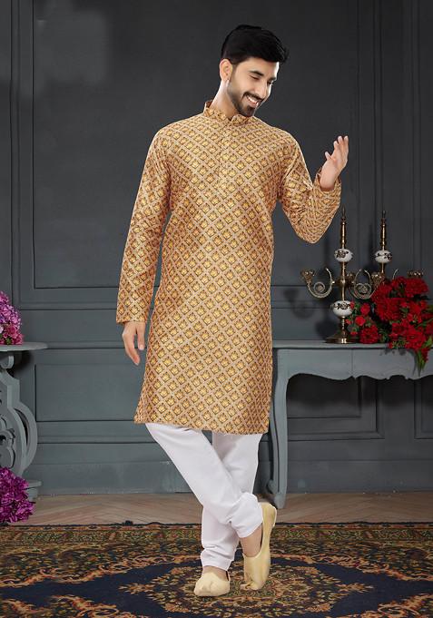 Gold Chiku Printed Silk Kurta Set For Men