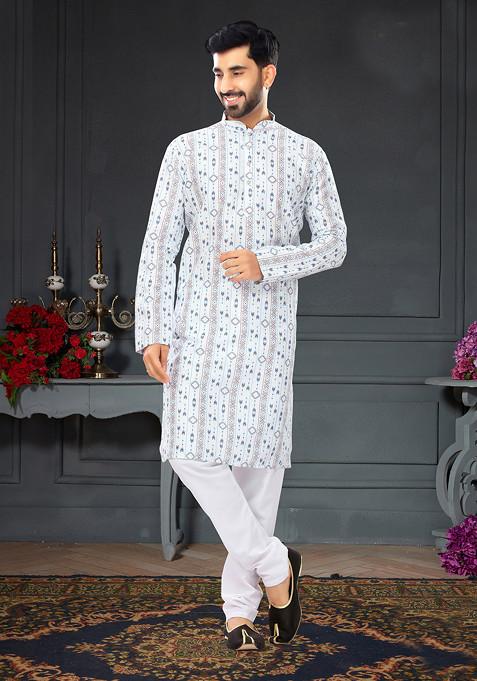 White And Multicolour Printed Silk Kurta Set For Men