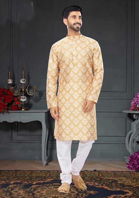 Golden Orange Printed Silk Kurta Set For Men