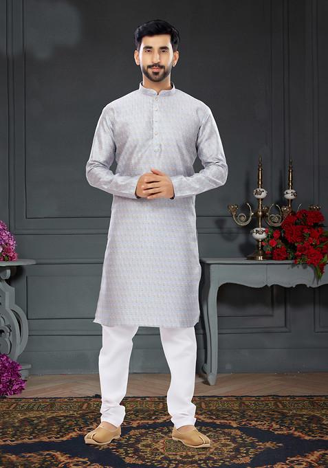 Light Mauve Printed Silk Kurta Set For Men