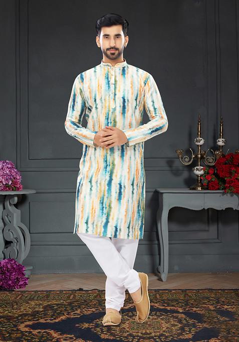 Multicolour Printed Kurta Silk Set For Men