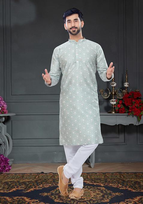 Light Blue Grey Printed Silk Kurta Set For Men