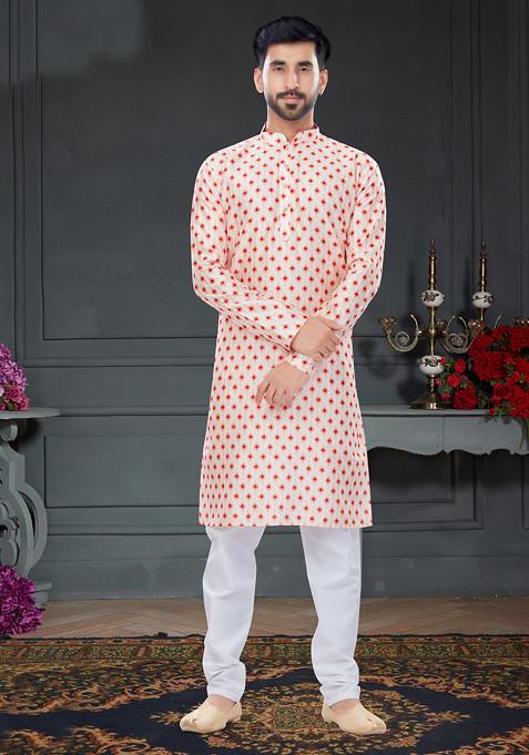 Multicolour Printed Silk Kurta Set For Men