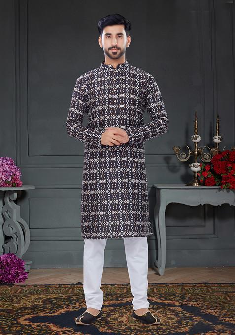 Black And Multicolour Printed Silk Kurta Set For Men