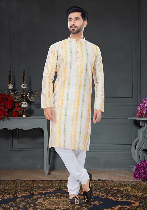 Multicolour Printed Silk Kurta Set For Men