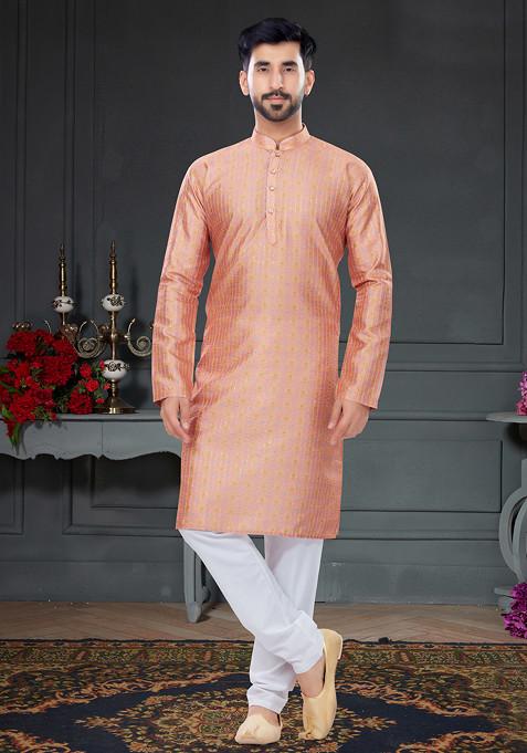 Pink And Multicolour Printed Silk Kurta Set For Men