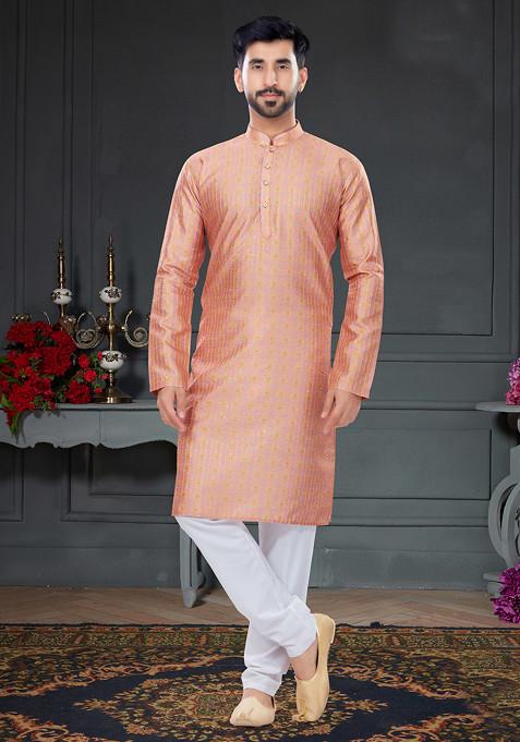 Peach And Multicolour Printed Silk Kurta Set For Men