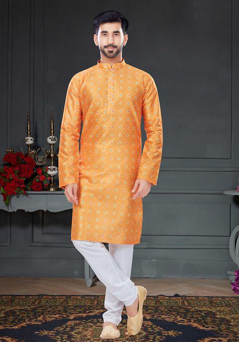 Mustard And Orange Printed Silk Kurta Set For Men