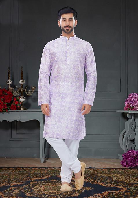 Light Lavender Printed Silk Kurta Set For Men