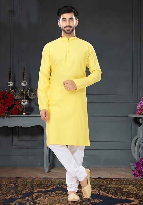 Yellow Embroidered Cotton Kurta Set For Men