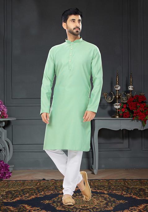 Mint Embroidered Jacquard Cotton Kurta Set For Men